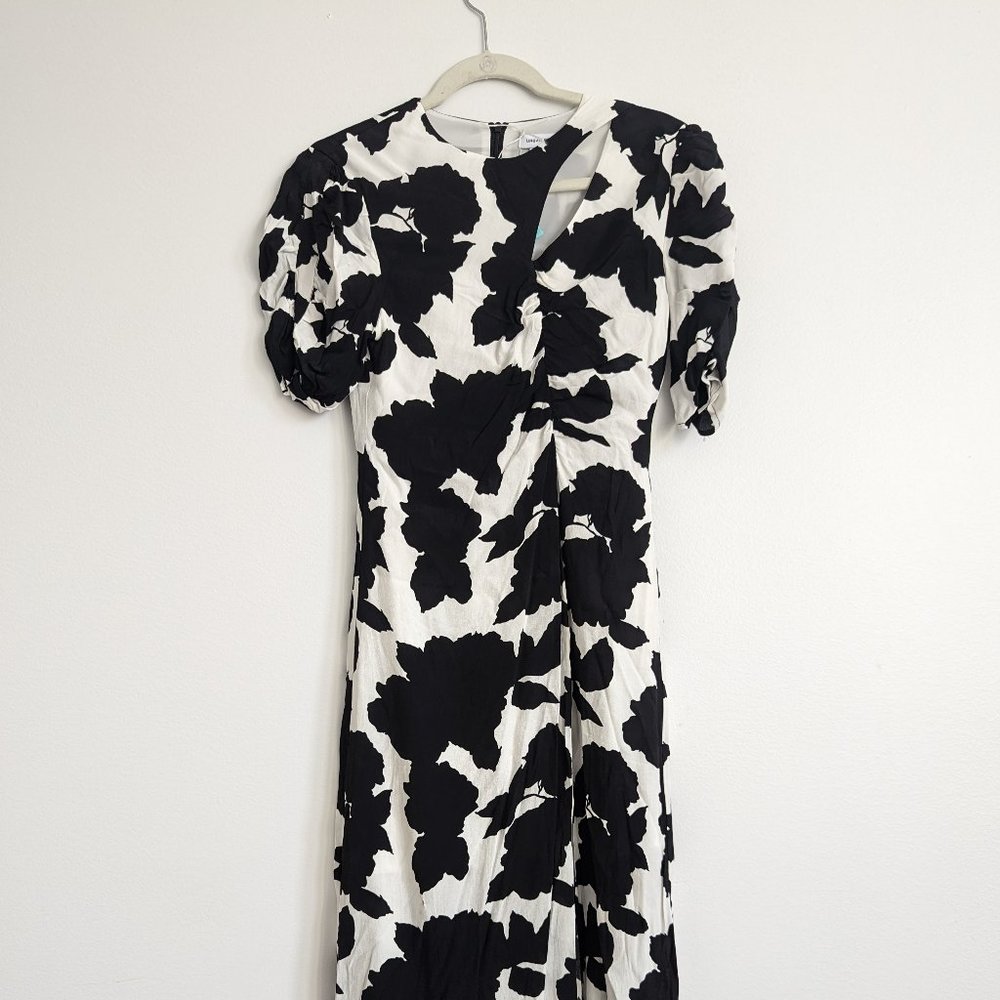 black and white casual asymmetric cut out split midi dress zipper